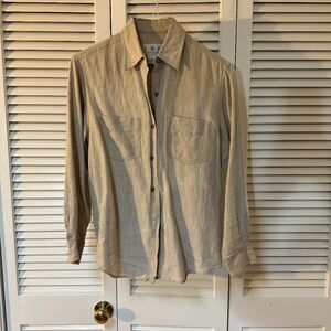 INC 100% Linen Button Up Blouse Long Sleeve Neutral Beige Two Pockets
